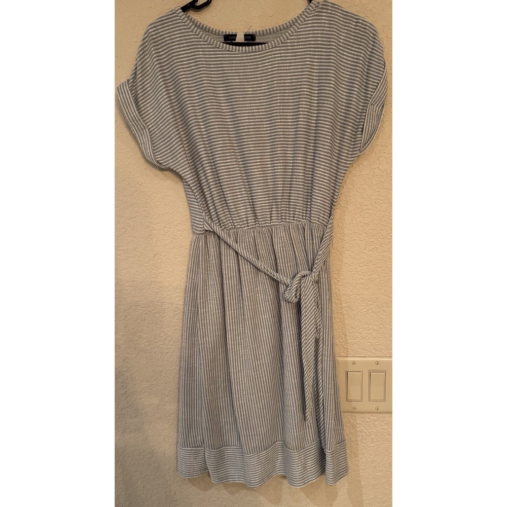 Caution To The Wind Dress Womens Small Gray Stripe Faux Wrap Midi Beach Coastal